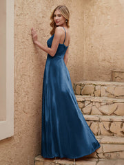V-neck Floor-length Sheath Velvet Dress With Slit Ink Blue