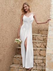 V-neck Floor-length Sheath Velvet Dress With Slit Ivory