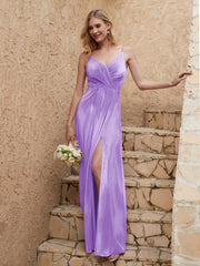 V-neck Floor-length Sheath Velvet Dress With Slit Lilac