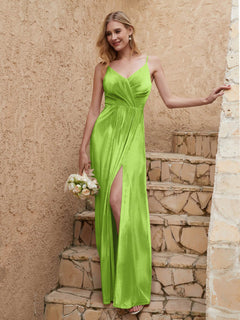 V-neck Floor-length Sheath Velvet Dress With Slit Lime Green