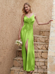 V-neck Floor-length Sheath Velvet Dress With Slit Lime Green Plus Size