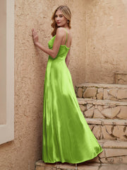 V-neck Floor-length Sheath Velvet Dress With Slit Lime Green