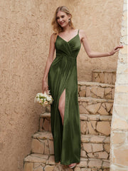 V-neck Floor-length Sheath Velvet Dress With Slit Olive Green