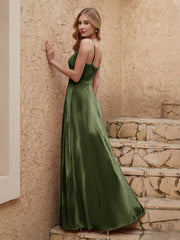 V-neck Floor-length Sheath Velvet Dress With Slit Olive Green