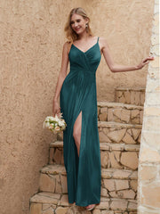 V-neck Floor-length Sheath Velvet Dress With Slit Peacock