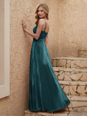 V-neck Floor-length Sheath Velvet Dress With Slit Peacock