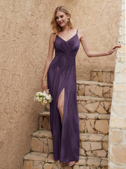V-neck Floor-length Sheath Velvet Dress With Slit Plum Plus Size