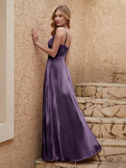 V-neck Floor-length Sheath Velvet Dress With Slit Plum