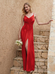 V-neck Floor-length Sheath Velvet Dress With Slit Red