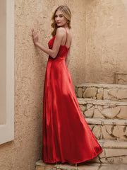 V-neck Floor-length Sheath Velvet Dress With Slit Red