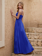 V-neck Floor-length Sheath Velvet Dress With Slit Royal Blue