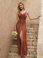 V-neck Floor-length Sheath Velvet Dress With Slit Rust