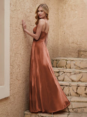 V-neck Floor-length Sheath Velvet Dress With Slit Rust