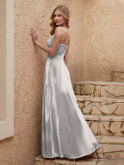 V-neck Floor-length Sheath Velvet Dress With Slit Silver