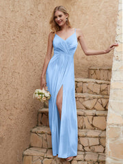 V-neck Floor-length Sheath Velvet Dress With Slit Sky Blue Plus Size