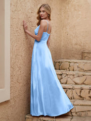 V-neck Floor-length Sheath Velvet Dress With Slit Sky Blue