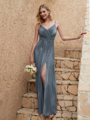 V-neck Floor-length Sheath Velvet Dress With Slit Slate Blue Plus Size
