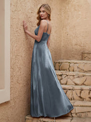V-neck Floor-length Sheath Velvet Dress With Slit Slate Blue Plus Size