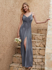 V-neck Floor-length Sheath Velvet Dress With Slit Steel Grey