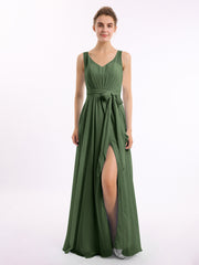 Long Chiffon Dress with Shallow V Neck High Slit Olive Green