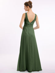 Long Chiffon Dress with Shallow V Neck High Slit Olive Green