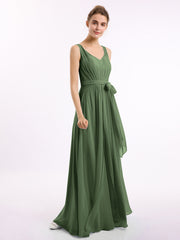 Long Chiffon Dress with Shallow V Neck High Slit Olive Green