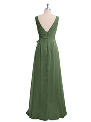 Long Chiffon Dress with Shallow V Neck High Slit Olive Green