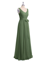 Long Chiffon Dress with Shallow V Neck High Slit Olive Green
