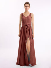 Long Chiffon Dress with Shallow V Neck High Slit Terracotta