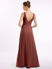 Long Chiffon Dress with Shallow V Neck High Slit Terracotta