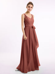 Long Chiffon Dress with Shallow V Neck High Slit Terracotta