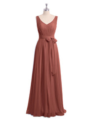 Long Chiffon Dress with Shallow V Neck High Slit Terracotta