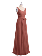 Long Chiffon Dress with Shallow V Neck High Slit Terracotta