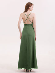 Deep V Neck Chiffon Low Back Dresses Olive Green