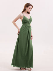 Deep V Neck Chiffon Low Back Dresses Olive Green