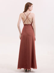 Deep V Neck Chiffon Low Back Dresses Terracotta