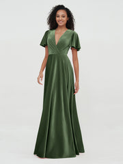 Deep-V Neck Max Velvet Dresses with Flutter Dresses Olive Green