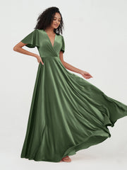 Deep-V Neck Max Velvet Dresses with Flutter Dresses Olive Green
