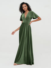 Deep-V Neck Max Velvet Dresses with Flutter Dresses Olive Green