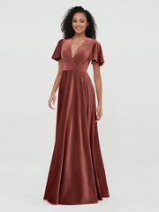 Deep-V Neck Max Velvet Dresses with Flutter Dresses Terracotta