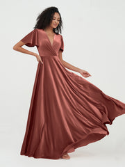 Deep-V Neck Max Velvet Dresses with Flutter Dresses Terracotta