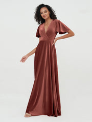 Deep-V Neck Max Velvet Dresses with Flutter Dresses Terracotta
