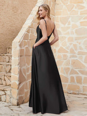 A-line Cowl Neck Satin Dress with Slit Black