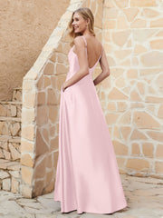 A-line Cowl Neck Satin Dress with Slit Blushing Pink