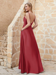 A-line Cowl Neck Satin Dress with Slit Burgundy