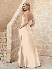 A-line Cowl Neck Satin Dress with Slit Champagne Plus Size