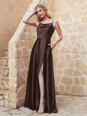 A-line Cowl Neck Satin Dress with Slit Chocolate