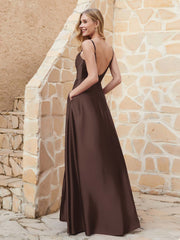 A-line Cowl Neck Satin Dress with Slit Chocolate