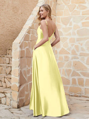 A-line Cowl Neck Satin Dress with Slit Daffodil