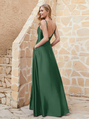 A-line Cowl Neck Satin Dress with Slit Dark Green